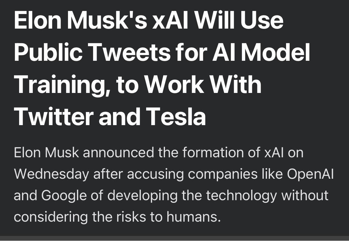 The meme is a screenshot of a Twitter post from Elon Musk. The post is about a new AI model called "xAI" that will use tweets to train itself. The post claims that xAI will use tweets to train itself to be more like humans, and that it will be able to understand and respond to tweets in a more human-like way.
